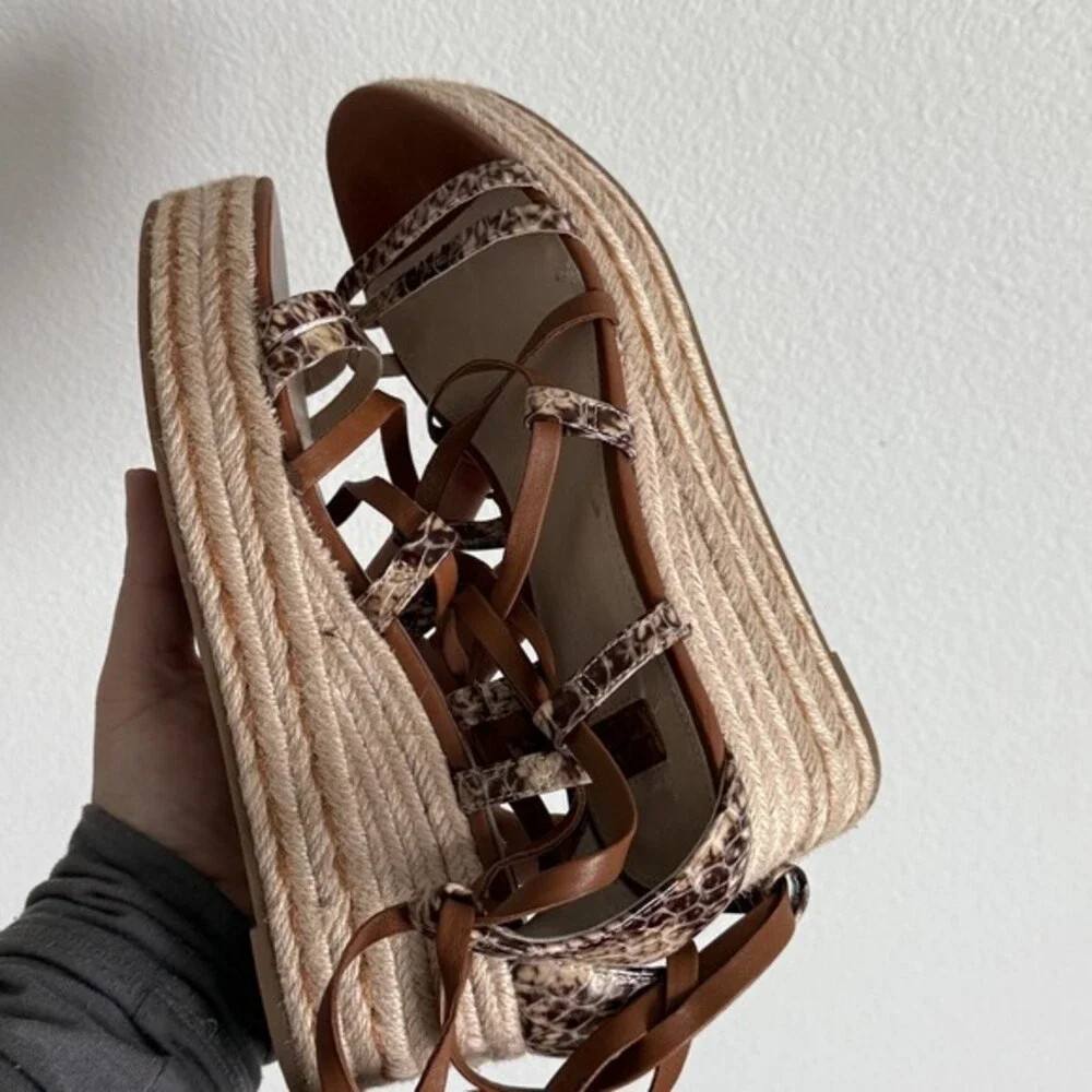 Louise et Cie Espadrille Wedge Sandals Brown Snake Print Lace Up Boho Strappy